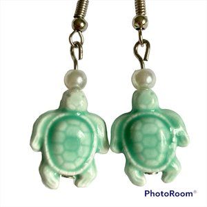 Pearl Green Ceramic Bead Sea Turtle Earrings Nautical Island Beach Dangle